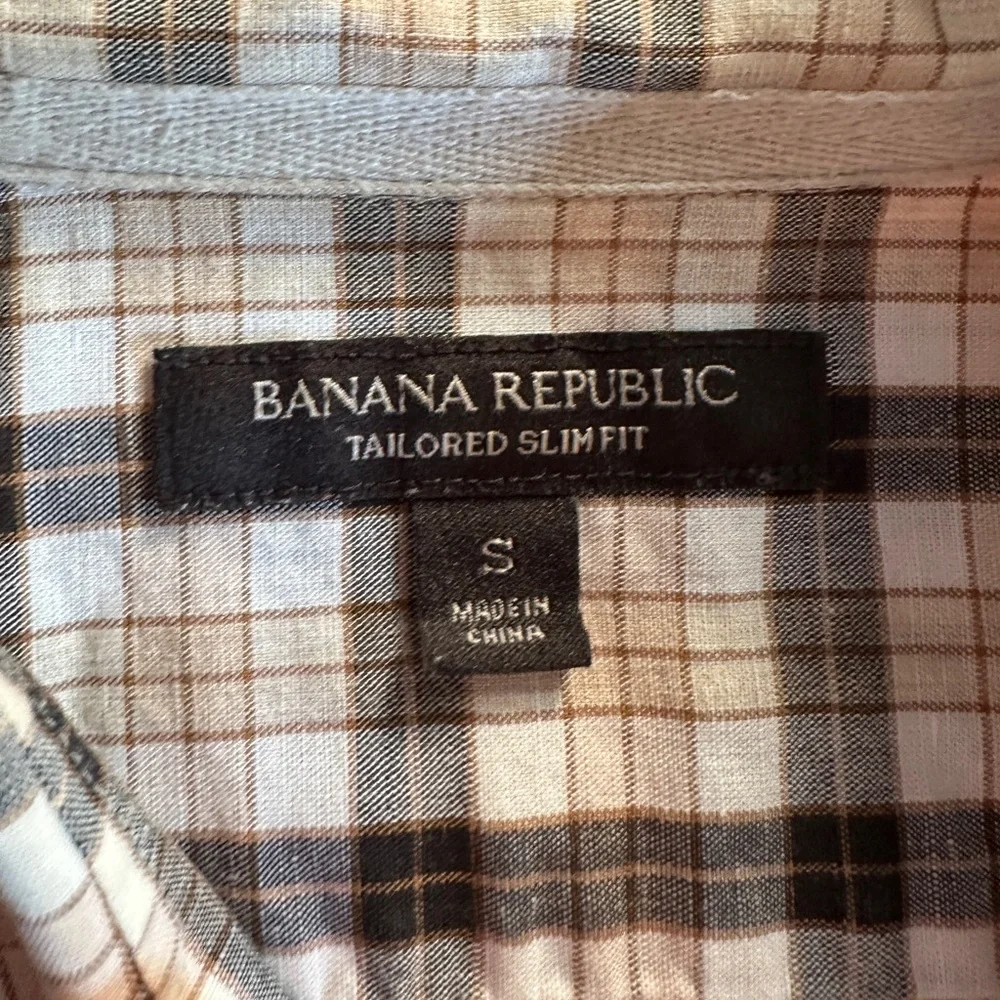 Banana Republic Tan & Cream Plaid Linen & Cotton Tailored Slim Fit Button-Up, S